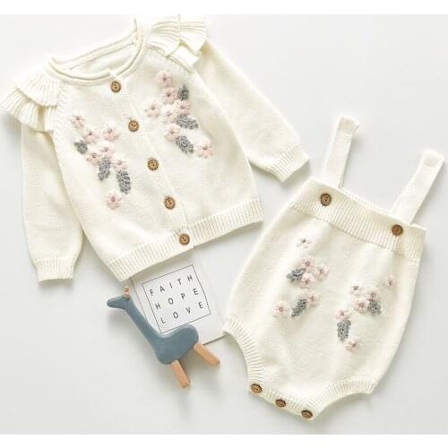 New Spring Autumn Infant Baby Girls Knit Long Sleeve Flower Coat + Braces Rompers Clothing Sets Kids Girl Suit Clothes 0-3Yrs