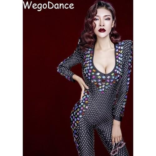 New Women Colorful Rhinestones Stretch Jumpsuit Singer Big Stones Costume Birthday Outfit Bar Ds Dance Leotard
