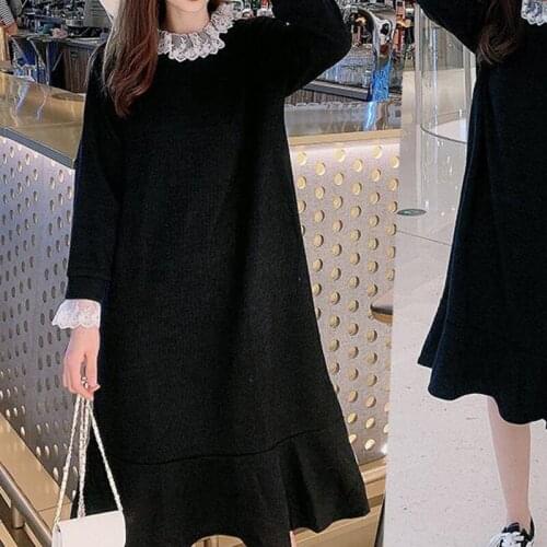 2021 Fall Dress Womens Round Neck Regular Sleeve Knitted Lace Mid-length Dress Solid Color Dress Women