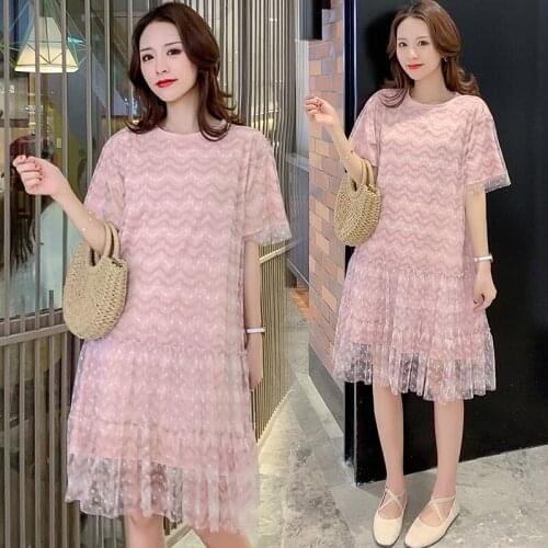 6708# Maternity Dress Summer Short Sleeve Gauze Patchwork Loose Stylish Dress for Pregnant Women Mom Dress