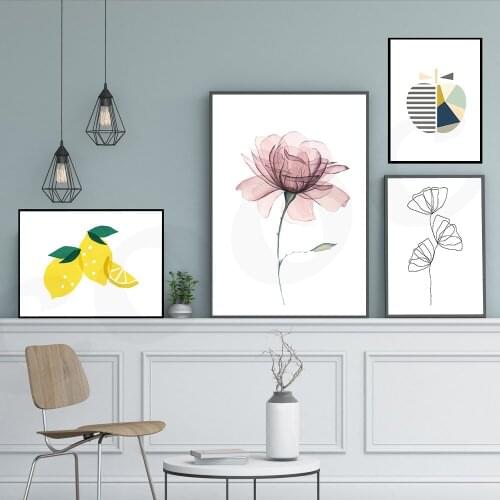 Simple Style Fruit and Flower Art Prints Black White Poster Line Apple Lemon Wall Picture Canvas Painting Home Decor
