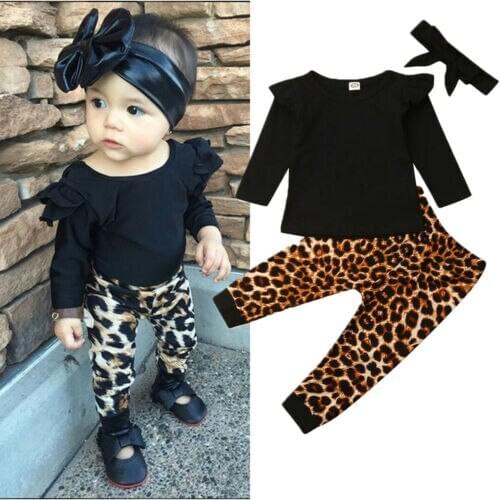 Pudcoco Newborn Baby Girls Ruffle Tops T-shirt+Leopard Print Pants+Headband Kids Clothes 3pcs Outfits Suit