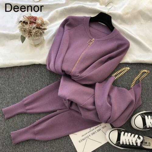 Deenor 3pcs Knitting Suit Long-sleeved Zip Jacket Cardigans Tank Top Pants Women Fashion Solid Lounge Set Casual Tracksuits