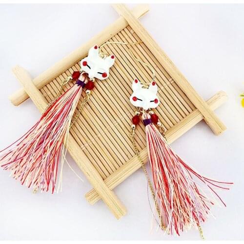 Vintage Elegant Chinese Style Fox Tassel Drop Earrings Statement Romantic Cute Animal Fan Women Earring Fashion Jewelry