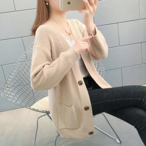Knitted cardigan pocket sweater women 2021 new loose autumn and winter fashion casual long-sleeved v-neck solid color top