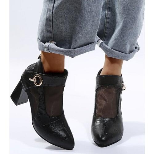 Women Pumps Fashion High Heels 2021 Platform Women Sandals Boots Zipper Shoes Net Woman Best Quality Square Heels Black 35-43