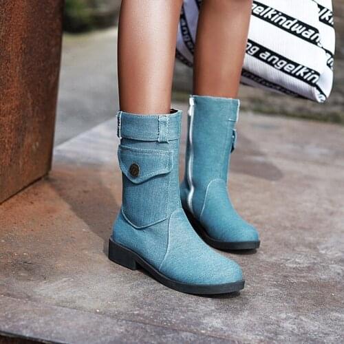 Denim Boots Zip Ankle Boots for Women Booties Cowboy Jeans Thick Heels Shoes Casual Women Shoes Ladies Footwear Botas MAZIAO