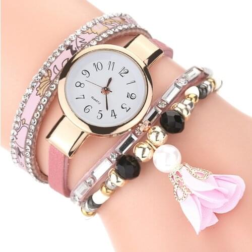Luxury Leather Women Bracelet Rose Flower Pendant Watches Ladies Quartz Rhinestone Wristwatches Clock Reloj Mujer
