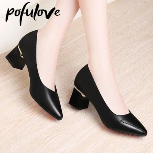 Pofulove Women Heels Leather Black Shoes Office Ladies Shoes Square Heel Pumps Pointed Toe Fashion Designer Zapatos De Mujer