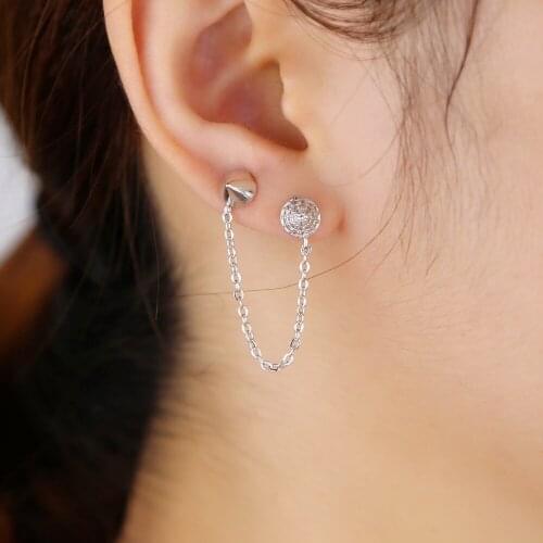 2021 New Double 2 Piercing Stud Bling Zirconia Cz Tassel Chain Romantic Fashion Girl Women Earring Gold Color Charming Jewelry