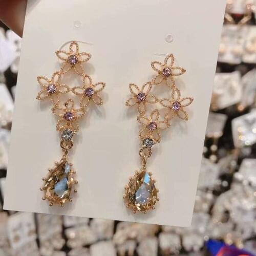 New Korean Big Colorful Flower Crystal Drop Dangle Earrings for Women Girls Fashion Temperament Party Jewelry