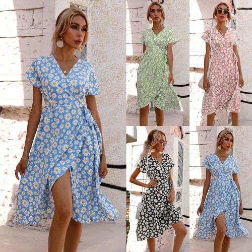 Fashion Bandage Dress 2021 Women Casual Short Sleeve Frenulum Floral Print Dresses For Woman Summer Holiday Style Blue Vestidos