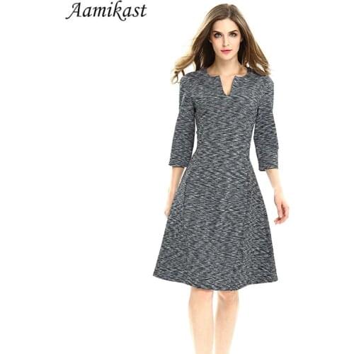 AAMIKAST New Fashion Elegant Vintage V-neck 3/4 Sleeve A -Line Bodycon Sheath Women Dresses Autumn D0624 S M L XL 2XL 3XL 4XL