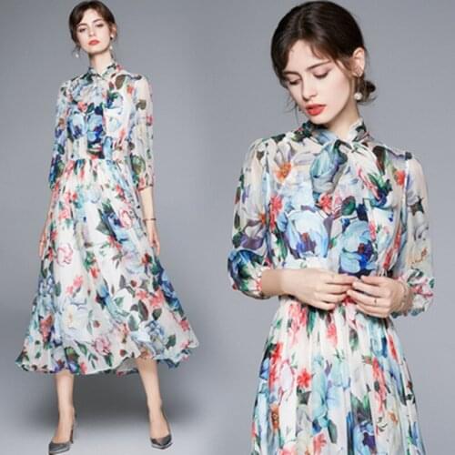 Fashion Summer Runway Long Vacation Dress Women Elegant Vintage Floral Print Lace Up Bow Collar Chiffon Boho Midi Dress
