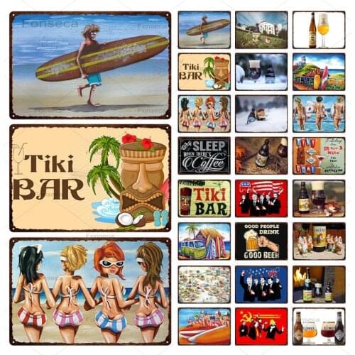 Surf Beach Tin Plaque Tiki Bar Metal Sign Summer Vacation Tiki Sign Metal Plate For Bar Beach Bar Decorative Wall Art Iron Paint