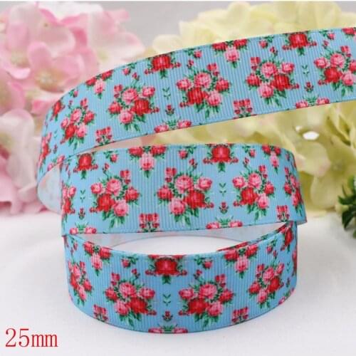 16607-93,(1")25mm 10yard/lot Blue Flowers Ribbons Thermal transfer Printed grosgrain Wedding Accessories DIY handmade material