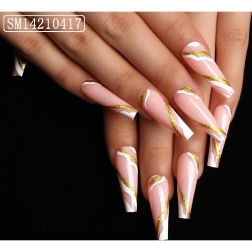 24pcs Fake Nails With Glue Gold Stripes Printed Type Coffin Long Paragraph Fashion Manicure Patch False Nails Press On design TO