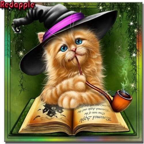 5D DIY Diamond Painting Cross Stitch Cat smoking pipe Full Square Drill Rhinestones Cat wizard book Pictures Embroidery Mosaic