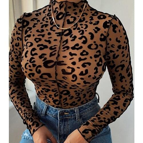 BKLD Leopard Printed Fashion Casual Rompers For Women 2021 Long Sleeve High Neck Bodycon Jumpsuit Streetwear Bodysuit Tops Brown