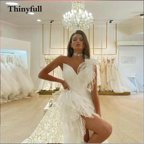 Thinyfull Bohemian One Shoulder Wedding Dresses ShortV Neck Illusion Beach Bridal Gowns A-Line Princess Robes De Mariee 2021
