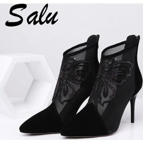 Salu Hot Sale Genuine Leather Boots New Summer Ankle Boots for Women Black Boots High Heels Sexy Pointed Toe Shoes Woman