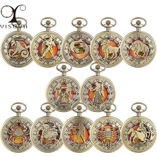 Antique Bronze Twelve Constellations Theme Quartz Pocket Watch Roman Numerals Display Half Hunter Pendant Watch Birthday Gifts
