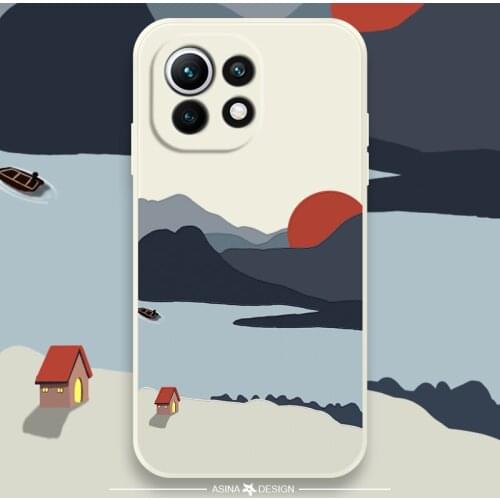 ASINA Cartoon Case For Xiaomi Mi11 10 9 Lite Straight Edge Liquid Silicone Cases For Redmi Note 9T 9 8 7 Cover Landscape Fundas