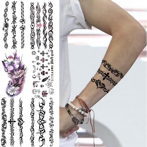 Black Totem Temporary Tattoos For Men Women Kids Cross Heart Flower Realistic Fake Tattoo Sticker Arm Waterproof Tatoo Paste