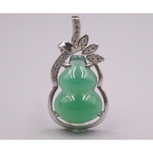 Pure 925 Sterling Silver Pendant 27x15mm Green Chalcedony Bead Zircon Lace Gound-Shaped Charms