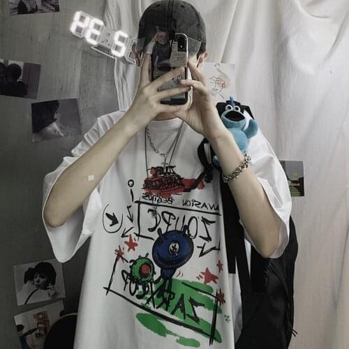 Summer Funny College Style Graffiti Print Plain Tshirt Creative Korean Version All-Match Casual Clothes New Cartoon Harajuku Top