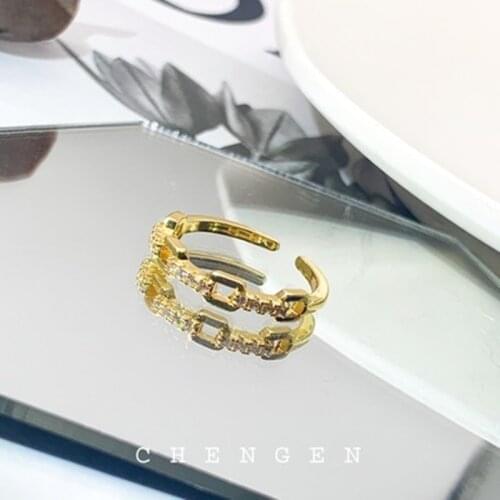 Korean version copper plated 18K real gold chain ring with diamond ring opening adjustable female indifference wind net red ring