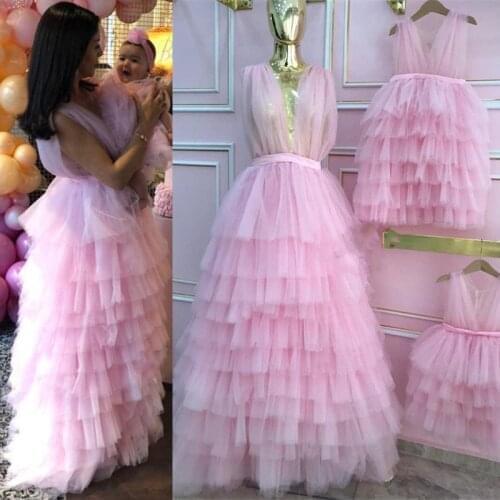 Beautiful Pink Tulle Tiers Princess Flower Girl Dresses First Communication Dress Girls Mother and Daughter Wedding Dresses