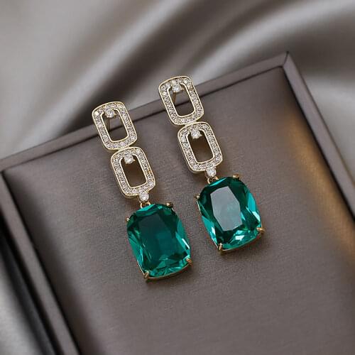 Fashion shiny green rhinestone pendant earrings simple square ladies earrings high quality daily geometric earrings jewelry