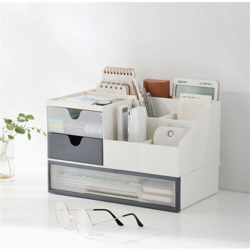 2 Layers Desk Office Organizer Storage Holder Desktop Pencil Pen Sundries Badge Box Stationery Cosmetic Makeup Storage Box Case