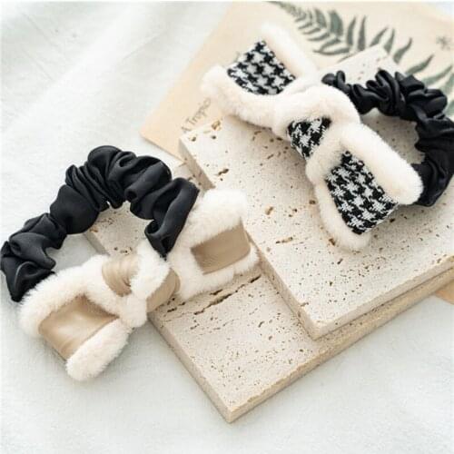 Autumn Winter New Lattice Scrunchies Big Bow Hair Rope Sweet Wide Brim Hair Accessories Faux Rabbit Fur Leather Plaid Hair Ring