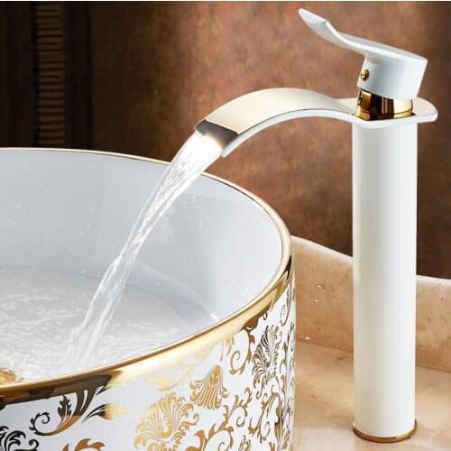 New Arrivals Golden and white color Waterfall Faucet Tall Bathroom Faucet Bathroom Basin Mixer Tap with Hot and Cold Sink faucet