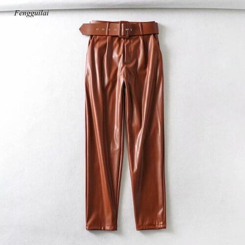 Womens New High Waisted Plush Leather Pants for Women In Spring and Autumn with Belt