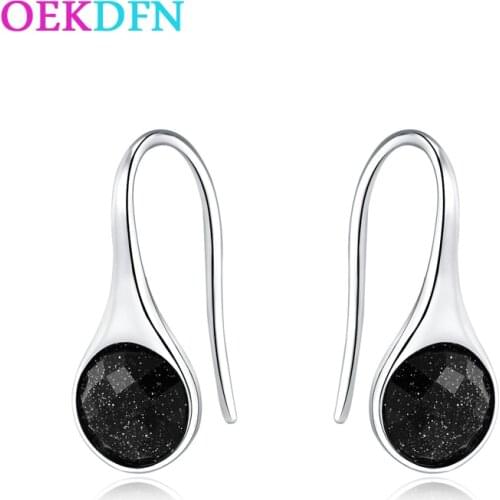 OEKDFN 100% 925 Sterling Silver Earrings Natural Blue Sand Aventurine Gemstone Drop Dangle Hook Earrings Starry sky Fine Jewelry
