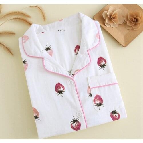 Soft 100% Cotton Pajamas Women Double Gauze Home Suit Female Strawberry Print Sleepwear Set Short Sleeve Summer Homewear Pajama