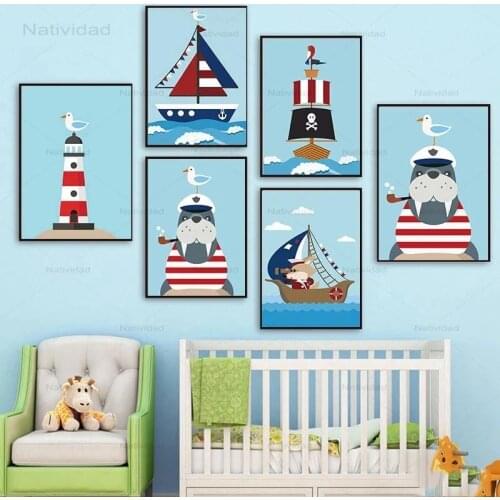 Posters and Prints Modular Blue Cartoon Sailboat Sailor Canvas Painting Mural Wall Art Decor for Children Bedroom No Frame