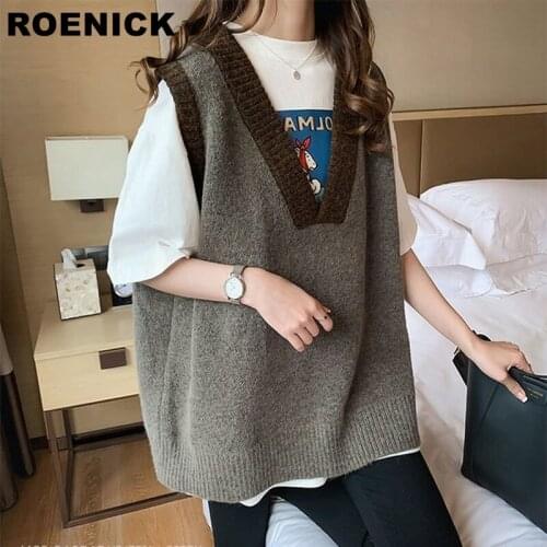 ROENICK Sweaters Vests Women Oversize Patchwork Knitted V-neck Sweater Vest Womens Loose Casual Korean-style Trendy Simple Chic
