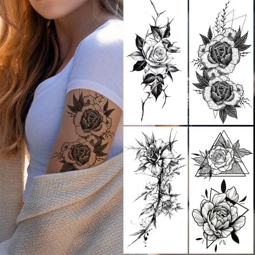 Sexy Flower Temporary Tattoos For Women Body Art Painting Arm Legs Tattoos Sticker Realistic Fake Black Rose Waterproof Tattoos