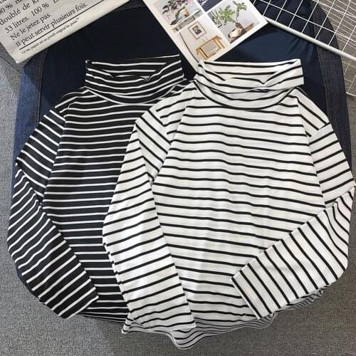 Spring Autumn Women t shirt Harajuku Simple Striped tshirt Long Sleeve Turtle Neck Top Women Slim T-Shirts black white Top Tees