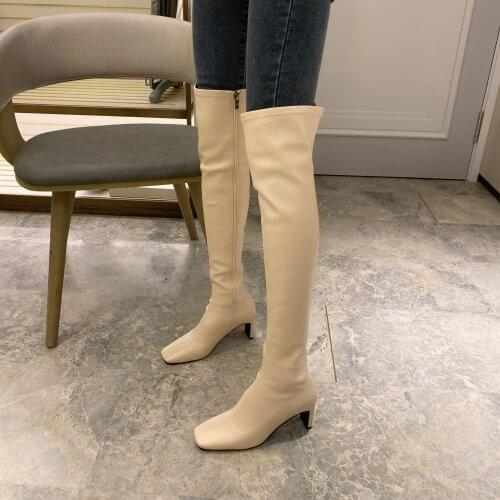 Black Beige Women Over The Knee High Boots Square Toe High Heels Winter Shoes Sexy Ladies Stretch Fabric Women Boots Big Size 42