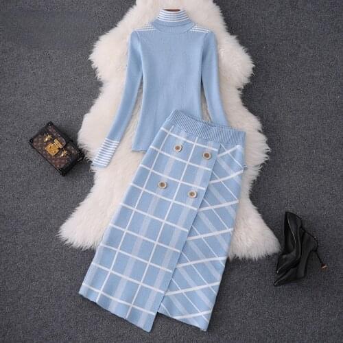 Women Designer Autumn Winter Two Piece Outfit Turtleneck Knitting Sweater and Plaid Skirt Set Lady Suit Office Twinset
