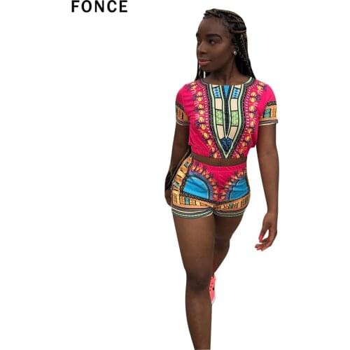 FNOCE Africa new women summer indie folk print bohemian short sleeve tee top shorts suit two piece set vintage tracksuit outfit