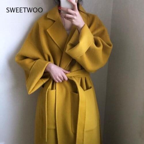 2021 Autumn and Winter Jacket Women Temperament Ginger Yellow Tie Waist Loose Lapel Mid-Length Woolen Coat Coat Women