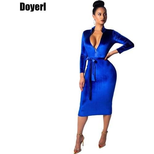 2021 Women Winter Long Sleeve Velvet Dress Elegant Front Zipper Stand Collar Blue Sexy Bodycon New Year Party Dresses with Sash