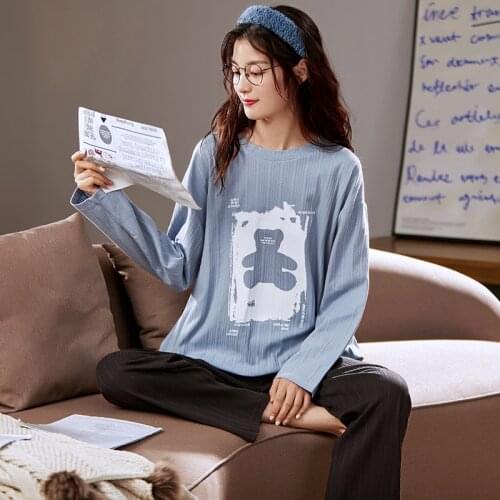Winter Pajamas For Women Loose Oversized Cotton Womens Pajamas Simple Blue Letter Pattern Nightwear Thicken Keep Warm Sleepwear