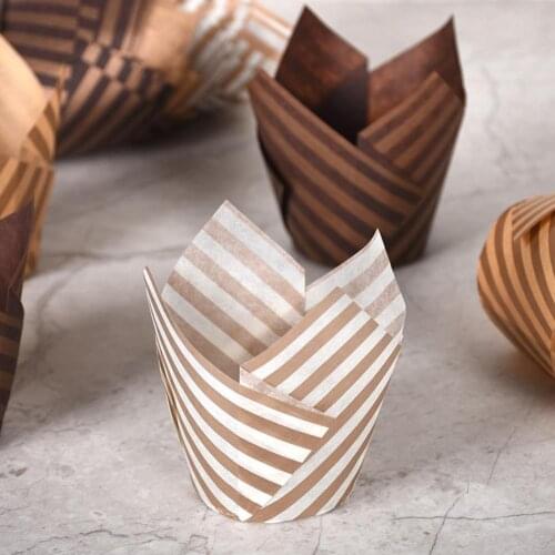 100Pcs Muffin Cup Stripe Tulip Shape Oil Proof Food-grade Paper Decorating Wrap Cupcake Liner for Home Kitchen Cake Tools